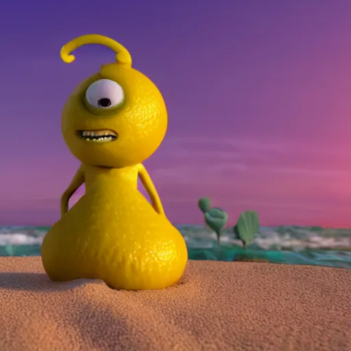 Image similar to 3 d octane render, of a hot anthropomorphic lemon female character inspired by the movie monsters inc, with lemon skin texture, she is wearing a hat, building a sandcastle on the beach at sunset, beach, huge waves, sun, clouds, long violet and green trees, rim light, cinematic photography, professional, sand, sandcastle, volumetric lightening