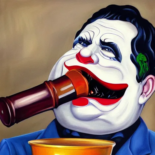 Image similar to painting of the morbidly obese joker drinking a jar of gravy, 8k, very intricate, very detailed, cinematic,