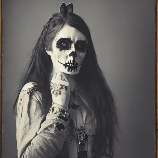 Image similar to a photo of young woman with horse face, gothic style, skulls are lying underneath