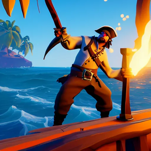 Image similar to a pirate sharpening his sword in sea of thieves, 8 k