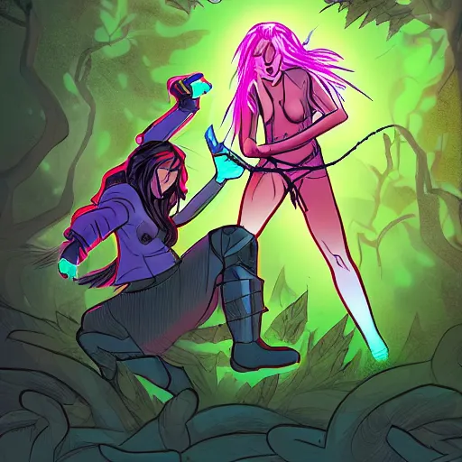 Image similar to comic book cover of a ( woman with long hair swinging ( neon sword ) ) and ( soldier with ( glowing gloves and boots ) ) fighting a ( shadow demon creature ) in a forest, illustration, studio ghibli, digital art, dramatic, cinematic, trending on artstation