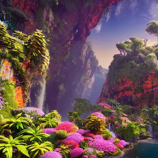 Prompt: the most beautiful place in the earth, stunning visual landscape, cinematic lighting, ray tracing, colourful vegetation, intricate, hyper - detailed, hyper maximalist, 4 k unreal engine 5 render