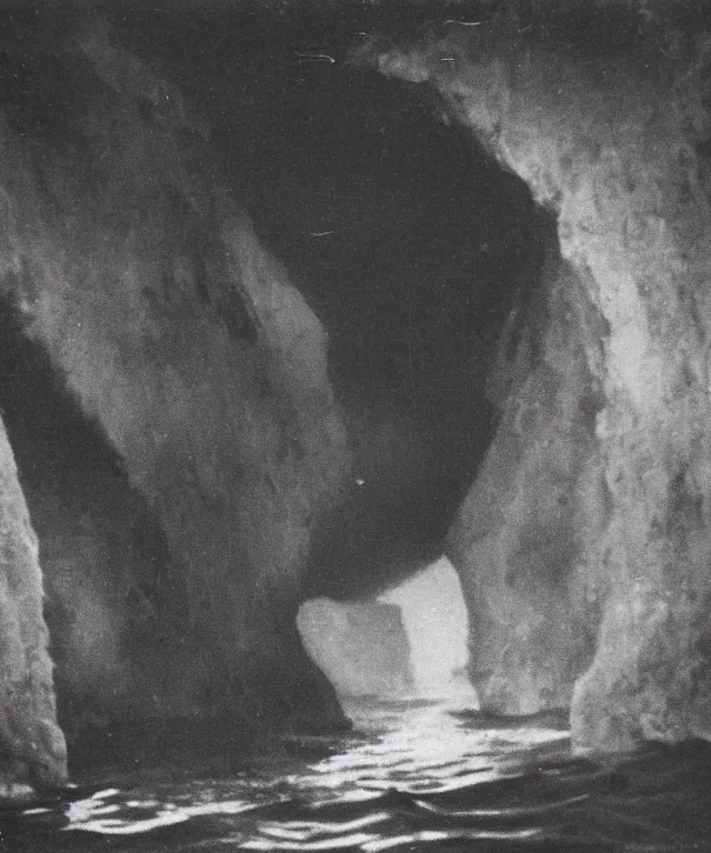 Image similar to photo of a 1 9 2 5 seiner sailing with the jamaican shoreline with the mouth of a sea cave at the waterline, dark, brooding, atmospheric, seascape, lovecraft, horror, smooth, epic, highly detailed, cinematic