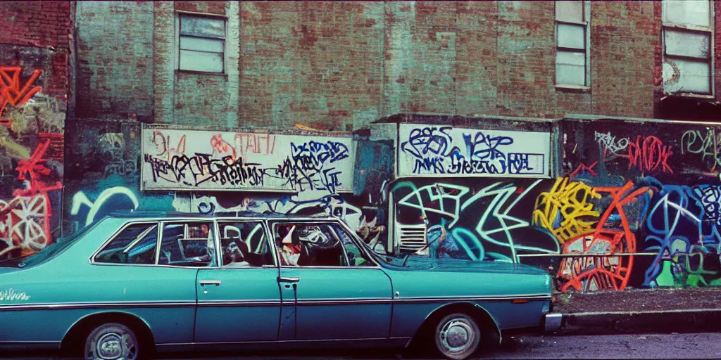 Image similar to bronx, gang in the 7 0 s car, closeup graffiti on the wall, coloured film photography, 3 5 mm film, bruce davidson photography, willy spiller photography