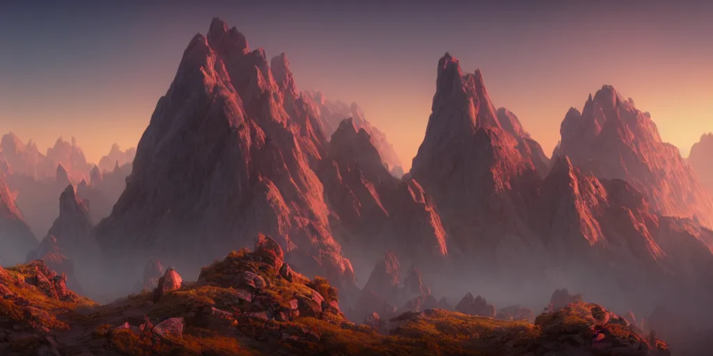 Prompt: epic mountains, dawn, sunrise colors, fantasy illustration, matte painting, concept art, low angle shot, volumetric lighting, volumetric atmosphere, morning mist, art by james gurney, unreal engine 5, 8 k