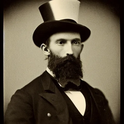 Image similar to A photograph portrait of Jerma985 in the mid-late 1800s with a top hat and beard, taken in the mid-late 1800s, grainy, taken on a Field View Camera, realistic, hyperrealistic, very realistic, highly detailed, very detailed, extremely detailed, detailed, digital art, trending on artstation