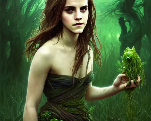 Image similar to mindblowing portrait of emma watson as a swamp witch, green colored skin, deep focus, d & d, fantasy, intricate, elegant, highly detailed, digital painting, artstation, concept art, matte, sharp, illustration, hearthstone, art by artgerm and greg rutkowski and alphonse mucha