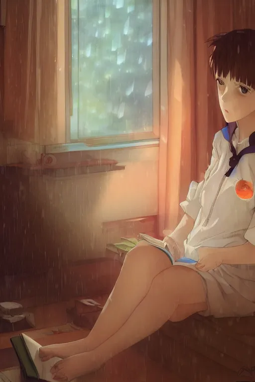 Image similar to a teenage girl with white short hair in a jk uniform outfit in the bedroom reading a book in a night, raining outside the window, orange theme, by krenz cushart and mucha and akihito yoshida and greg rutkowski and makoto shinkai, detailed eyes, 4 k resolution