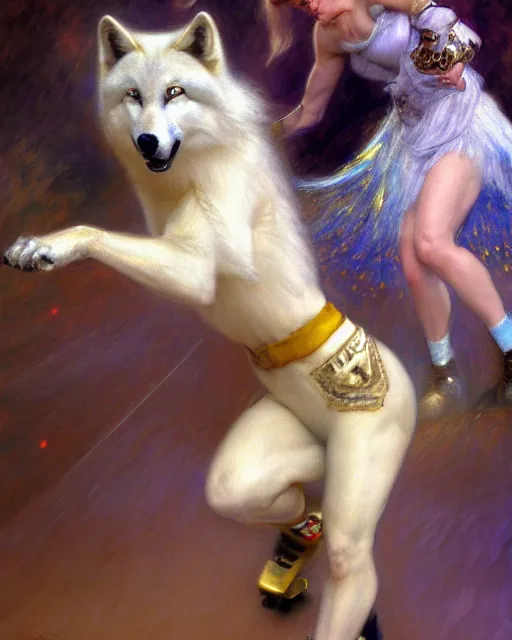 Image similar to a buff white female anthro wolf skating at a roller derby, 4 k, furaffinity, fursona, trending on artstation, energetic, speed, motion blur, by gaston bussiere, craig mullins, j. c. leyendecker, gustav klimt, artgerm, greg rutkowski, alphonse mucha