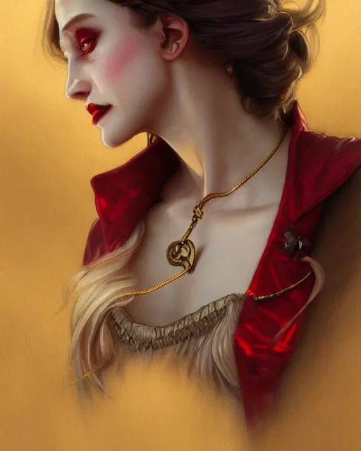 Image similar to female queen vampire, perfect face, gold waistcoat, red shirt, long grey hair, red necktie, cinematic, stunning, highly detailed, digital painting, artstation, smooth, hard focus, illustration, art by artgerm and greg rutkowski and alphonse mucha