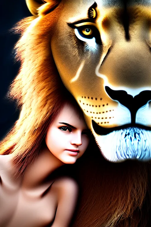 Image similar to girl riding on a lion, 2 0 year old girl, extremely detailed, high quality, 4 k, cinematic, dramatic lightning, photo realistic, beautiful face, highly detailed face