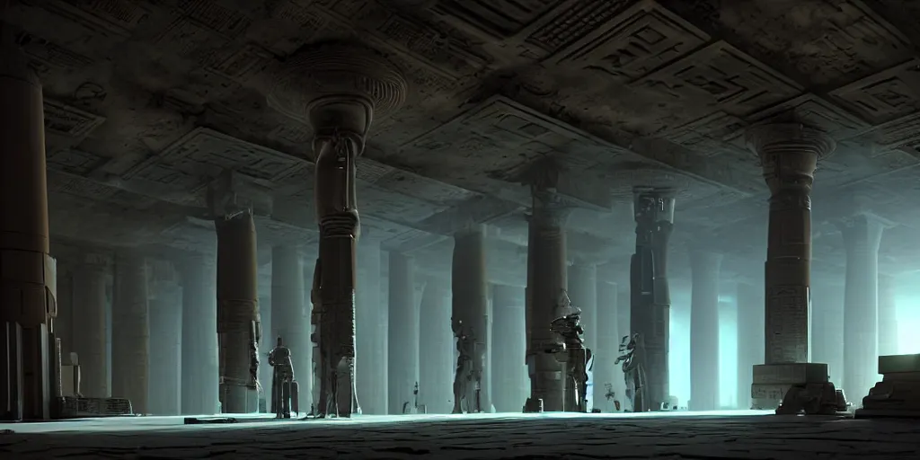 Image similar to sci fi robot repairshop inside of an egyptian temple, tuomas korpi, volumetric light, artstation, octane render, redshift render, low angle camera, intricate, 8 k, matte painting, volumetric lighting, cinematic composition, from avatar ( 2 0 0 9 ), artstation -