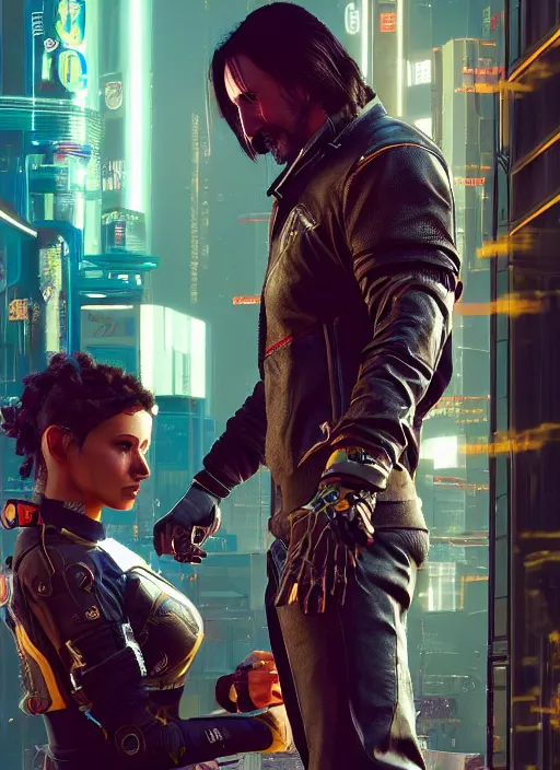 Prompt: a highly detailed photorealistic cyberpunk 2077 couple portrait of Keanu Reeves and female android,lots of electric cable behind,connected to giant computer,couple pose,love,fantasy, intricate, elegant,by Alex Horley and Greg Rutkowski,artstation,deviantart,FAN ART,Unreal Engine,Digital painting,face enhance,8K,golden ratio,cinematic lighting