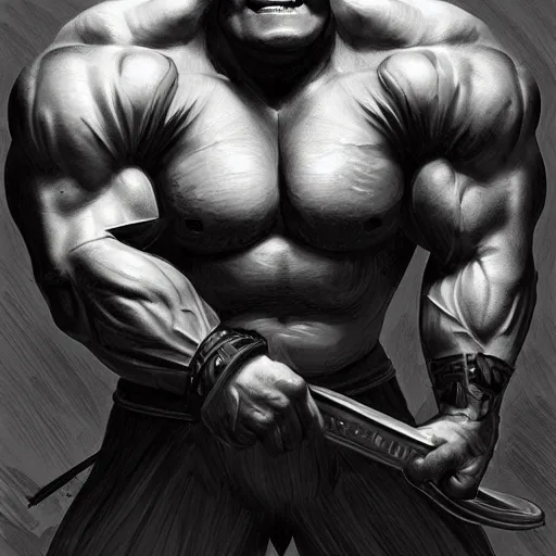 Image similar to muscular shrek with beard, black and white, highly detailed, digital painting, artstation, concept art, smooth, sharp focus, illustration, art by artgerm and greg rutkowski and alphonse mucha