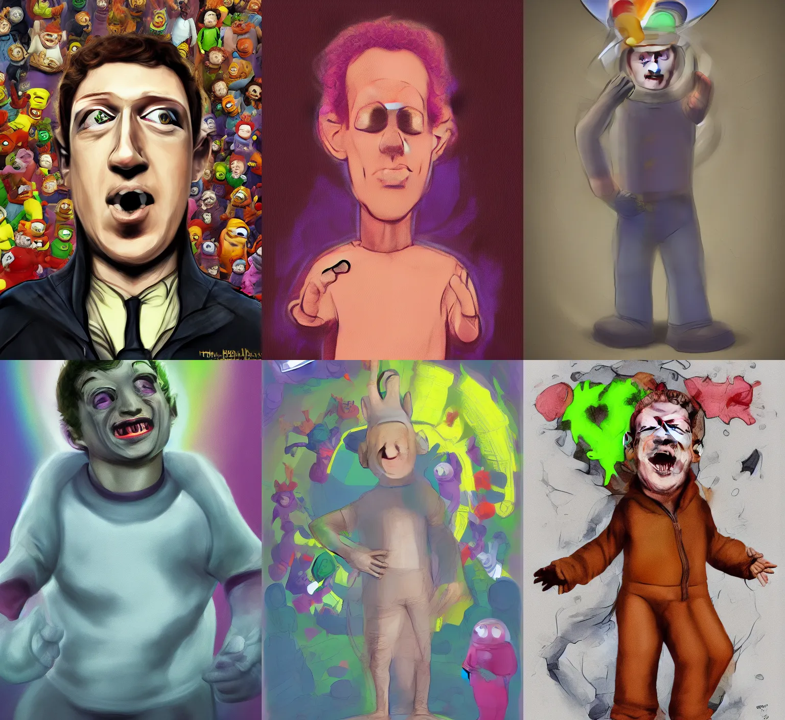 Prompt: Hyperfeminine edgy Mark Zuckerberg dressed in a Teletubbies costume form 2010, low-res illustration trending on Furaffinity, Mark Zuckerberg portrait, Zuckerbergian horror, in the style of kyttenjanae