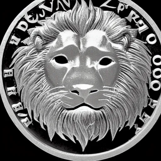 Prompt: a commemorative silver coin depicting a noble lion