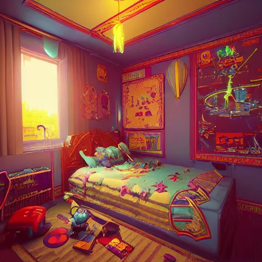 Image similar to 80s gaming kid's bedroom:: by beeple and James Gilleard and Justin Gerard :: ornate, dynamic, particulate, intricate, elegant, highly detailed, centered, artstation, smooth, sharp focus, octane render, 3d