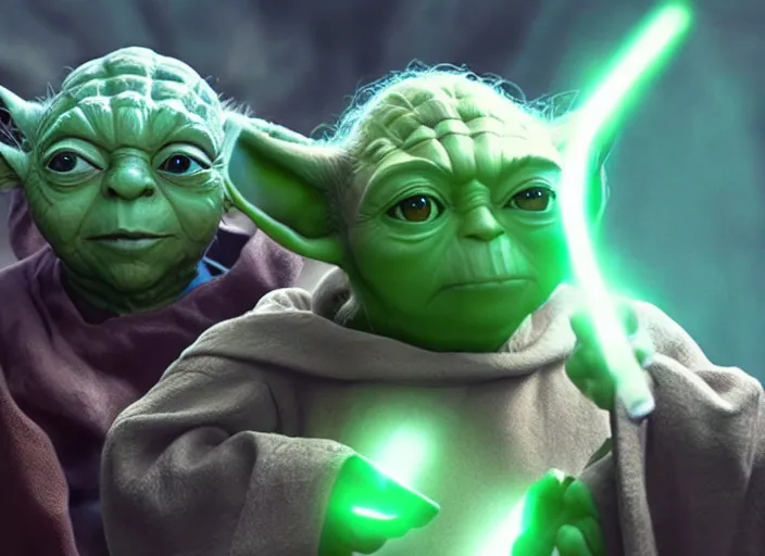 Prompt: a film still of cosplay of yoda in league of legends's arcane ( 2 0 2 1 ), 4 k