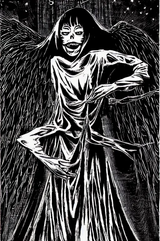 Image similar to angel of death smiling in the dark night, junji ito,