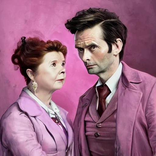 Prompt: david tennant and imelda staunton as dolores umbridge in pink clothes with the tenth doctor who, highly detailed, artstation, concept art, fantasy, smooth, sharp focus, illustration, perfect face, art by willem claesz. heda, nikolay makovsky, jacek malczewski, arthur hughes, edward okun, franz xaver winterhalter