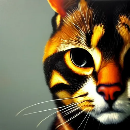 Prompt: an Hyper realistic artwork of a black orange-eyed cat by Jason de Graaf