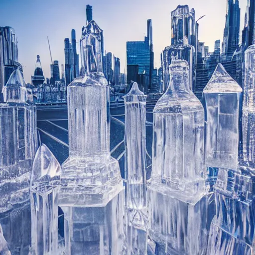 Image similar to a cityscape made entirely of ice, crystal clear ice city sculpture, first person pov, first person perspective, realistic fantasy photography, mystical