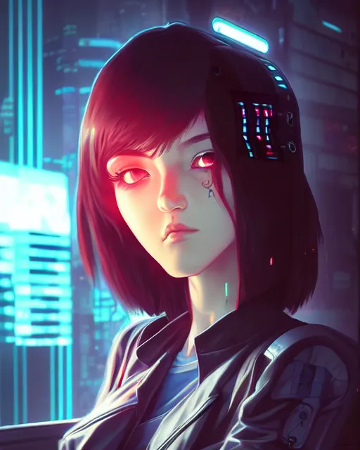 Prompt: a comic potrait of a cyberpunk cyborg girl with big and cute eyes, fine - face, realistic shaded perfect face, fine details. night setting. very anime style. realistic shaded lighting poster by ilya kuvshinov katsuhiro, unreal engine, global illumination, radiant light, detailed and intricate environment