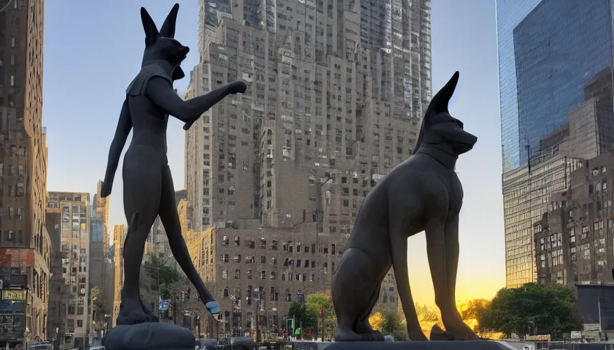 Image similar to anubis statue placed in new york, sunset, drone footage, sharp focus, professional photo