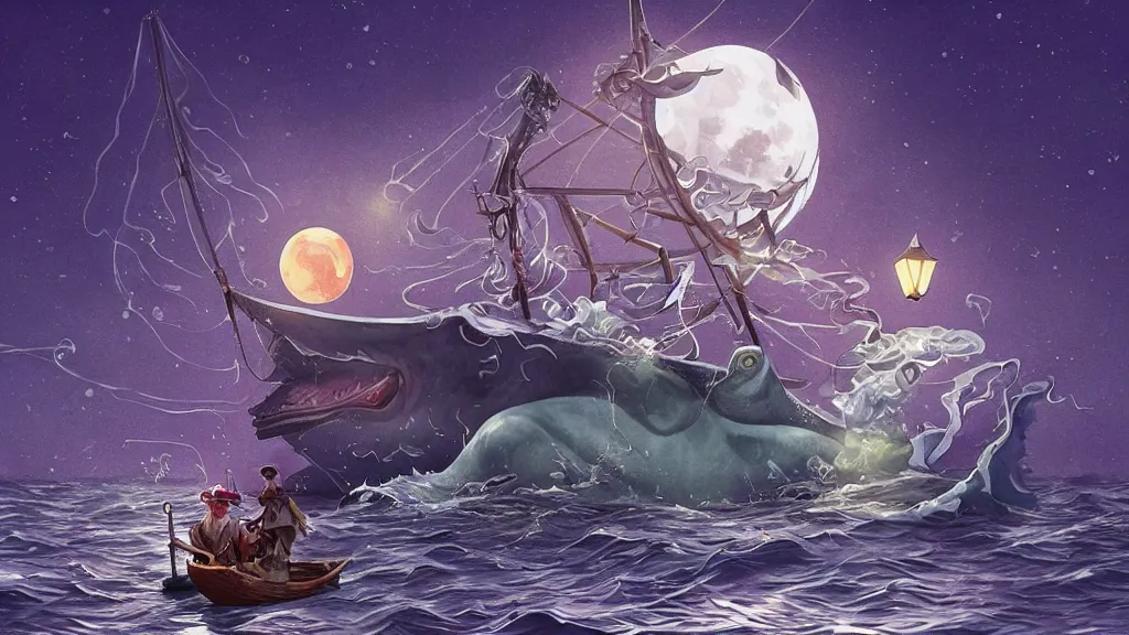 Prompt: a giant!!!! anglerfish!!!! breaking the surface of the water meets a lantern - holding!!!! sailor!!!! on a ( sloop ), ( background with large full moon and purple sky ), in the styles of tom coletti, jorge jacinto, and thomas veyrat intricate, accurate details