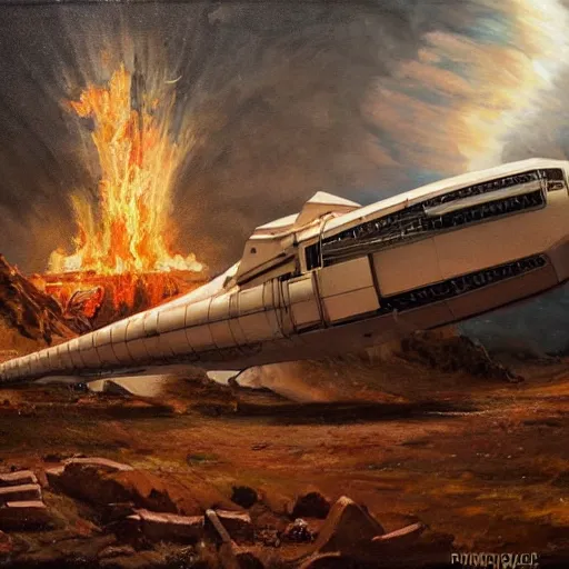 Prompt: a swiss spaceship stuck in the ground, the spaceship is on fire, smoke, rainstorm, lightning, angry, kinetic, john sargent, adolphe bouguereaum, norman rockwell, style by peter deligdisch, trending on artstation, highly detailed oil painting,