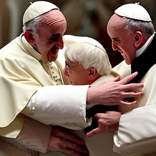 Image similar to Pope Francis hugging a fleshy Lovecraftian creature
