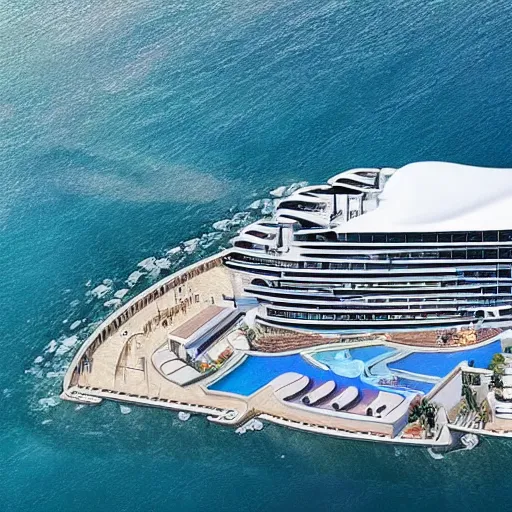 Image similar to aerial view of the new residential Mega Yacht ‘Somnio’ the largest yacht in the world , full view of the boat, this 728 feet boat mansion have 39 apartments across 32 floors. luxury, very design, gofl course and swimming, luxury equipment