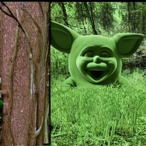 Prompt: trailcam footage of the green teletubbie