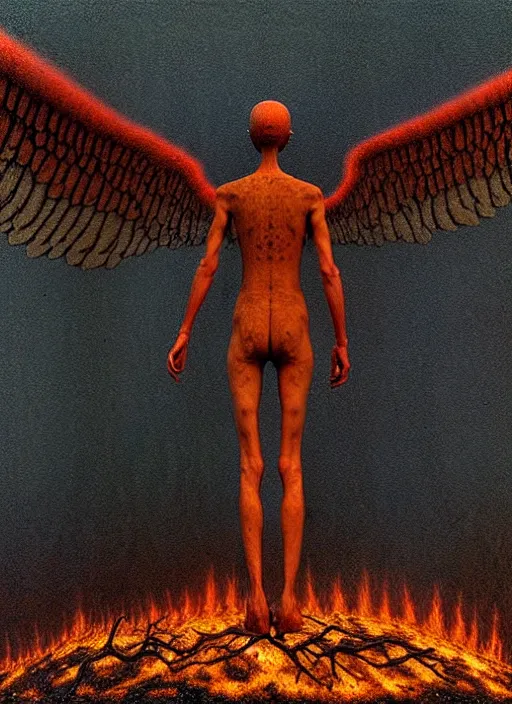 Image similar to angel with fully spread wings floating in the air surveying parched and burned forest, smoke and fire, highly intricate wings!, roots, art by zdislav beksinski!!, hdr!, rendered in unreal 5,