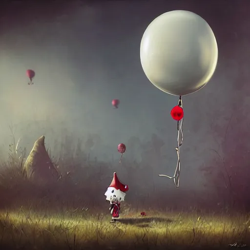 Image similar to grunge cartoon landscape painting of a little girl and a red balloon by - michal karcz, loony toons style, pennywise style, horror theme, detailed, elegant, intricate