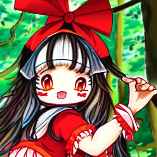 Image similar to an illustration of reimu in the jungle wearing bonnet