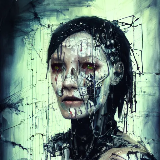 Prompt: pom klementieff as a cybernetic hunter, cyberpunk, wires, skulls, machines by emil melmoth zdzislaw belsinki craig mullins yoji shinkawa realistic render ominous detailed photo atmospheric by jeremy mann francis bacon and agnes cecile ink drips paint smears digital glitches glitchart
