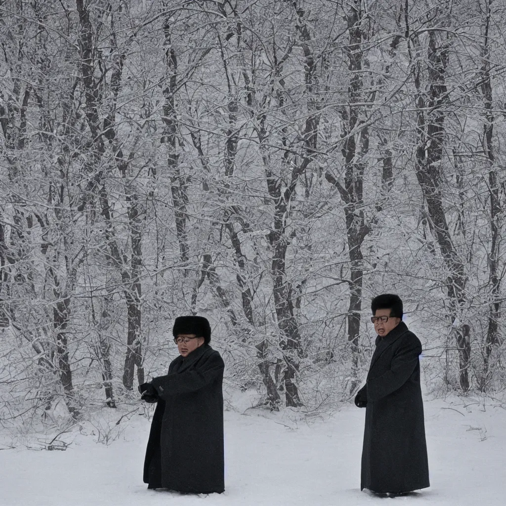 Image similar to filmstill of Kim Jong-il wearing a furry chapka and playing the role of Omar Sharif in Doctor Zhivago by David Lean, man in grey winter coat, cold Russian winter, snow and trees, Prussian architecture, old Russian interior, Doctor Zhivago movie shot, minimal composition, 1965, cinemascope, Eastman Color Negative 50T 5251 Neg. Film, epic romance