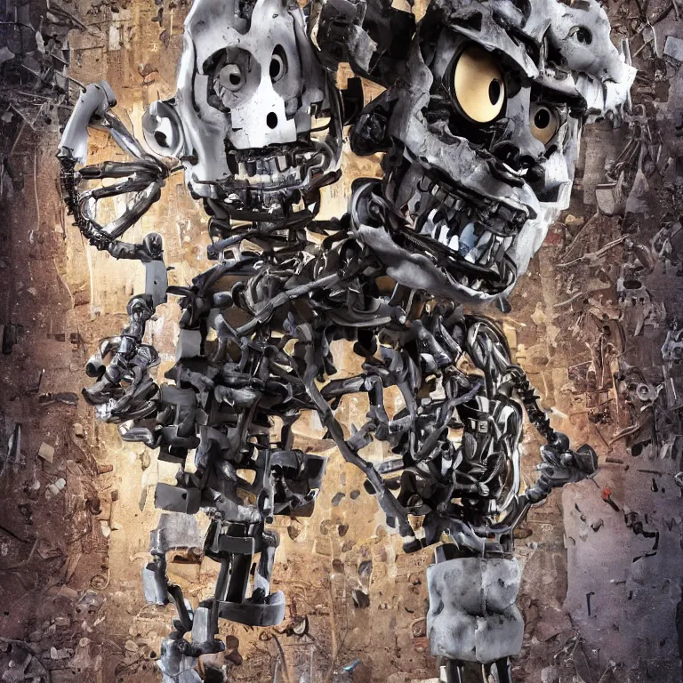 Prompt: designed by scott cawthon and chuck e cheese stylized endoskeleton for an animatronic that has been damaged and decayed, rain, dense fog, alleyway, volumetric lighting, f 8 aperture, cinematic eastman 5 3 8 4 film