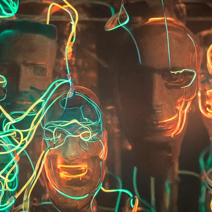 Prompt: five badly lit translucent cyborg heads with bio - luminiscent wires and neon lights lying on the shelf in the dark warehouse, sci - fi, film still from johnny mnemonic, wide lens, cinematic, 8 k