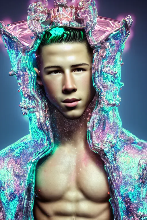 Prompt: hyper detailed ultra sharp fullbody photo of baroque and cyberpunk transparent pink gem sculpture of a muscular seductive young nick jonas feeling muy cachondo, muy dotado, iridescent humanoid deity wearing pink plastic seethrough cloak, holding a rainbow tiger gem, blue diamond, glowing pink face, crown of white diamonds, cinematic lighting, photorealistic, octane render 8 k