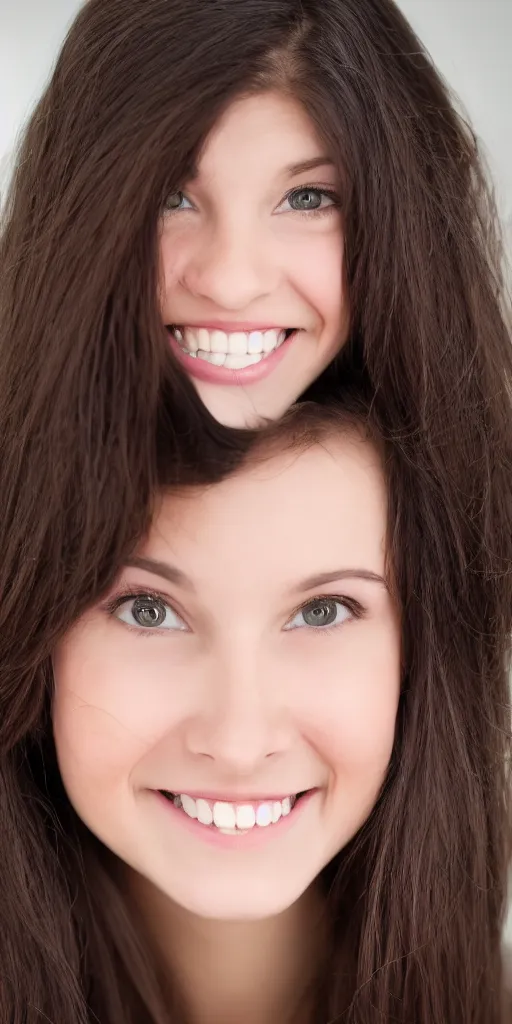 Image similar to school picture day photo of young woman with dark brown hair looking into the camera and with an excited smile, full body, ultrarealistic, 8k