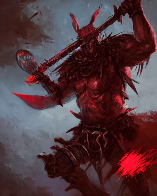 Image similar to Rabbit Berserker, rage, maniac, war paint, red, Khorne, magic the gathering artwork, D&D, fantasy, cinematic lighting, centered, symmetrical, highly detailed, digital painting, artstation, concept art, smooth, sharp focus, illustration, volumetric lighting, epic Composition, 8k, art by Akihiko Yoshida and Greg Rutkowski and Craig Mullins, oil painting, cgsociety