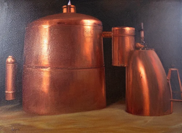 Image similar to oil painting of vintage copper still