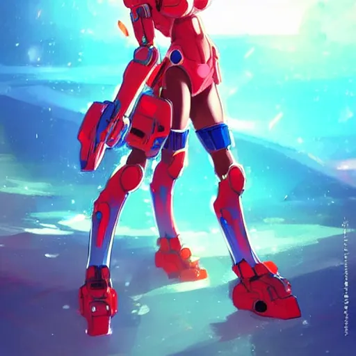Image similar to digital anime art, very small cute girl on a large table, red mech arms and red mech legs, blue watery eyes!!!, short gold hair!!!, red bikini, full body!!!, wlop, rossdraws