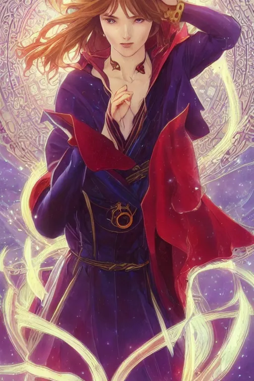 Image similar to anime key visual of a beautiful young female doctor strange, marvel comics, spells, magic, intricate, magical village, stunning, highly detailed, digital painting, artstation, smooth, hard focus, illustration, art by artgerm and greg rutkowski and alphonse mucha