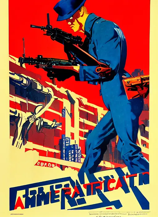 Prompt: american propaganda poster. cyberpunk sniper. portrait by jean giraud and anton otto fischer and john philip falter and will eisner and gil elvgren
