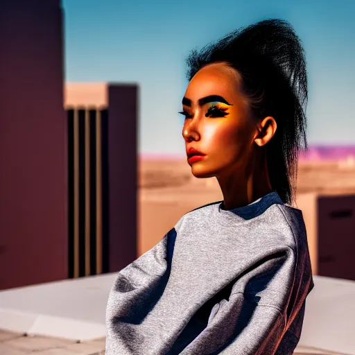 Image similar to photographic portrait of a streetwear woman, closeup, on the rooftop of a futuristic city overlooking a desert oasis, sigma 85mm f/1.4, 4k, depth of field, high resolution, 4k, 8k, hd, full color