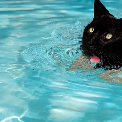Prompt: black cute cat schwimming in a pool
