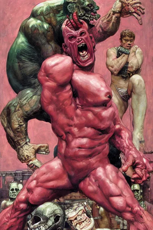 Image similar to portrait of morgan aste as huge pink hulk standing triuphant over dead alien, painted by jack kirby, lawrence alma tadema, norman rockwell, greg staples, wayne barlow, jacob collins, tom lovell, frank schoonover, neville page